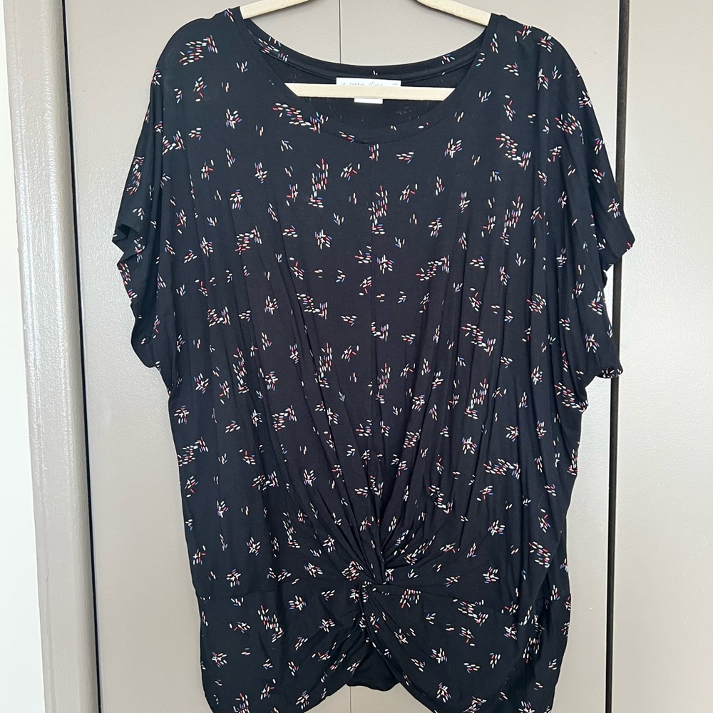 Addition Elle Black Short Sleeve Knot-Front Tee with Pink Floral Accents
